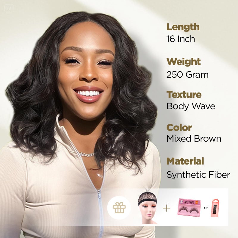 WIGER Lace Part Black Body Wave Hair Wig Dark Brown Short Wavy Wigs for Women 16 Inch Middle Part Shoulder Length Bob Wigs Loose Wave Hair Synthetic Curly Wig for Daily or Party - Image 3